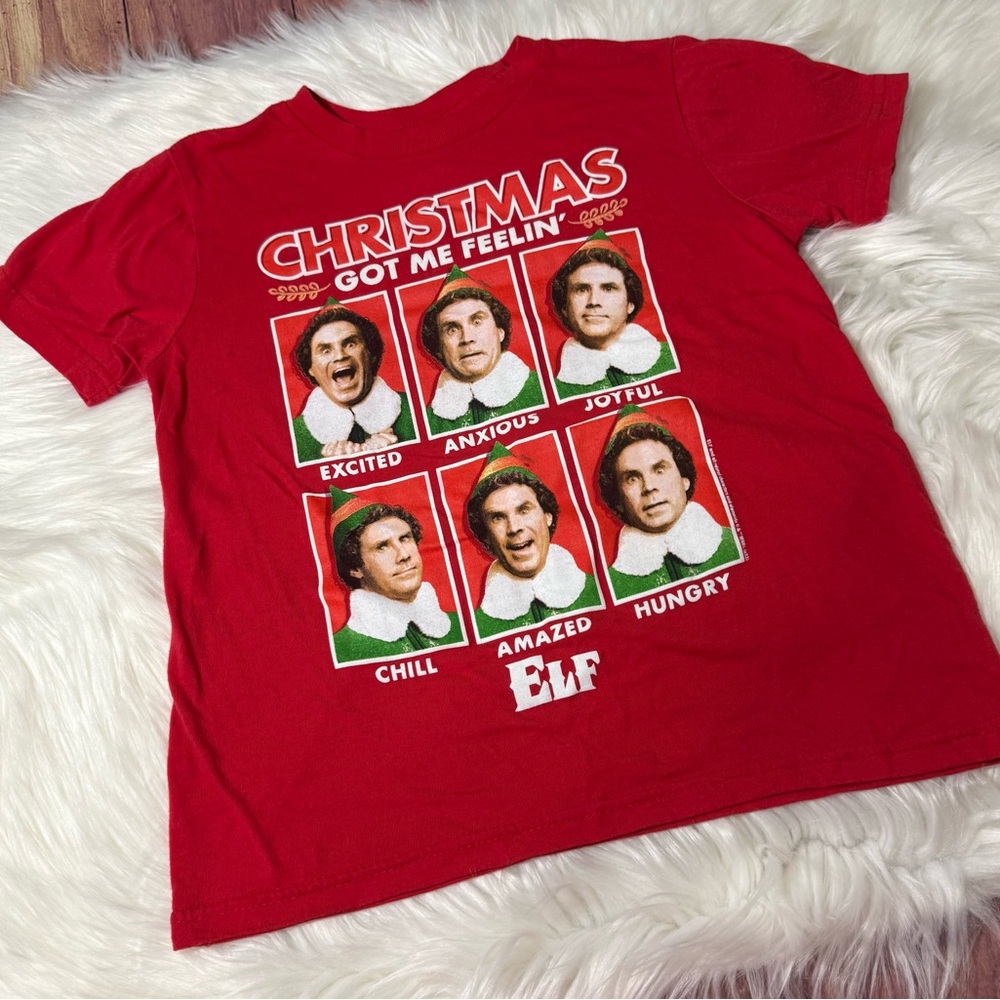 Youth Boy Size Small Red Christmas Elf Graphic T-Shirt